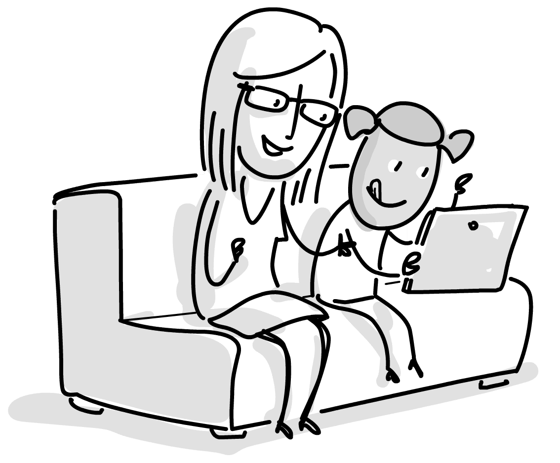Therapeutin und Kind mit Tablet auf dem Sofa