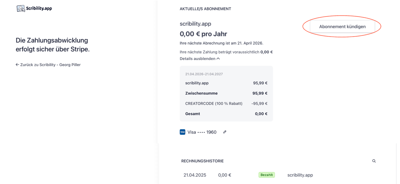 Screenshot: Abonnement kündigen