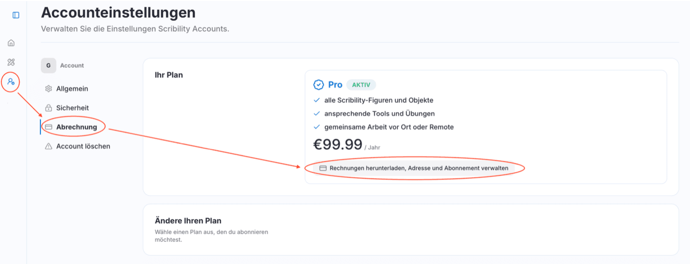 Screenshot: Rechnungen herunterladen und Abonnement verwalten