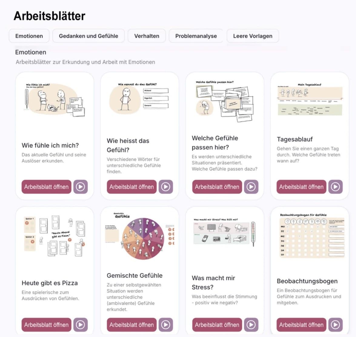 Übersicht der Arbeitsblätter in der App: Emotionen, Gedanken und Gefühle, Verhalten, Problemanalyse, Leere Vorlagen