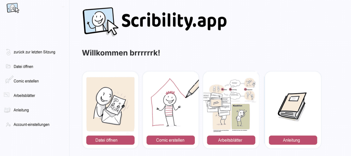 Hauptmenü der Scribility-App