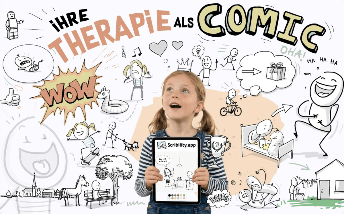 Ihre Therapie als Comic – Kind mit Tablet, umgeben von Comic-Zeichnungen