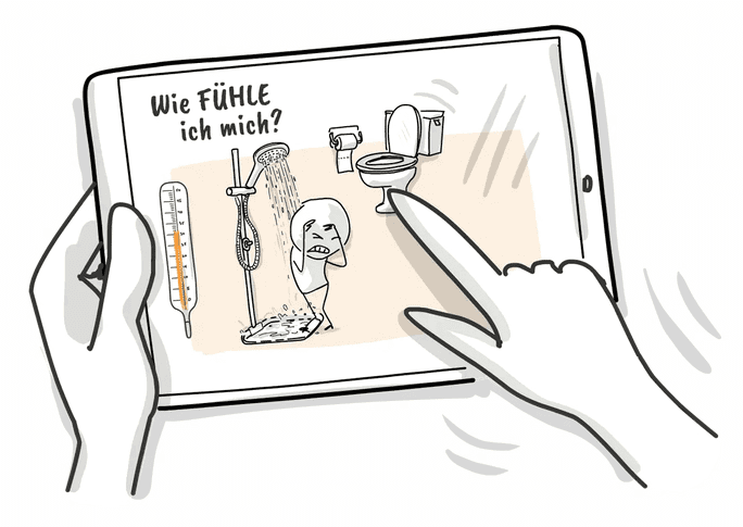 Hände halten ein Tablet mit der App (Wie fühle ich mich?)